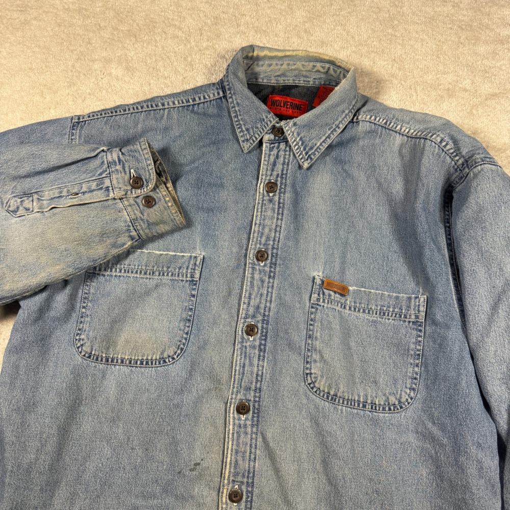 Wolverine Shirt Jacket Mens L Blue Denim Plaid Fleece Lined Heavy Workwear Coat